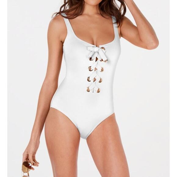 Michael Kors NWT $130 white Lace-Up One-Piece Swimsuit 12 M - Picture 1 of 7